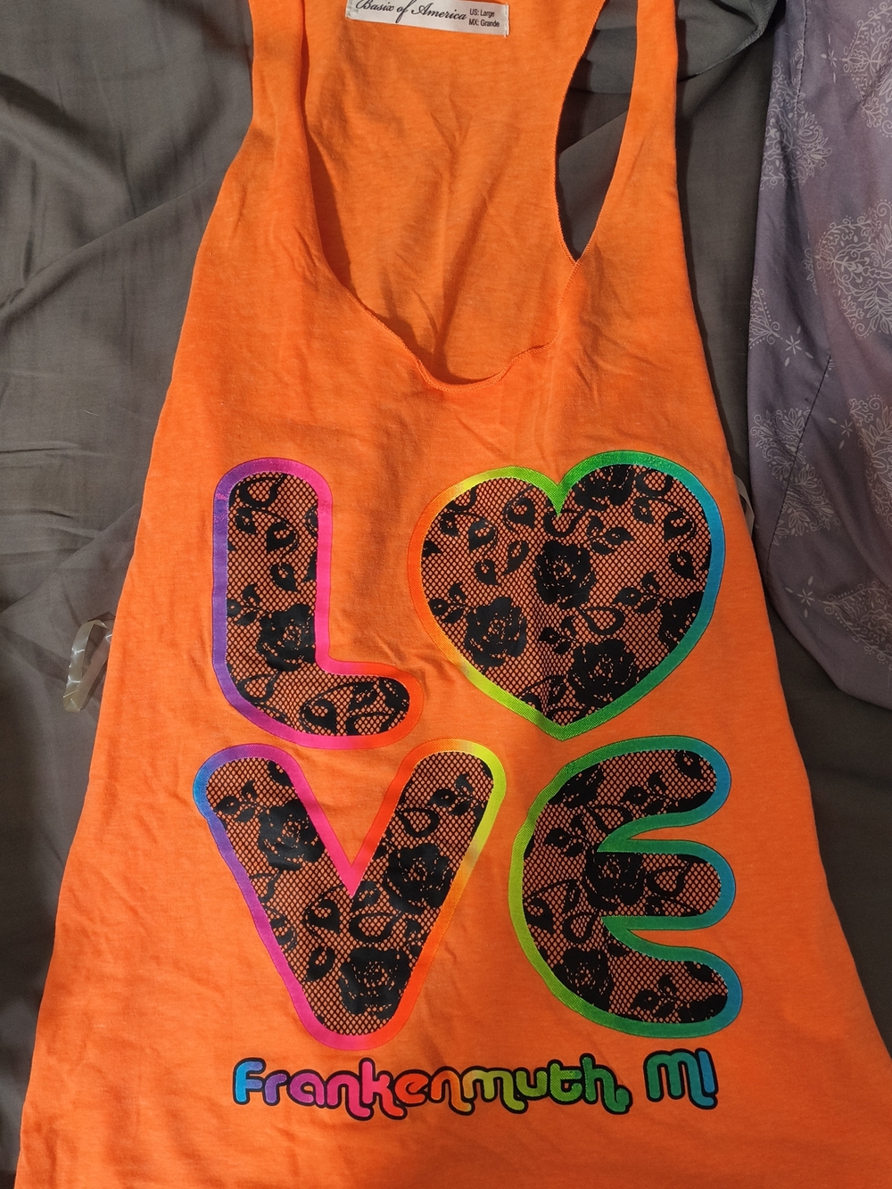 Basix Of America Orange 'LOVE Frankenmuth, Mi' Graphic Racerback Tank